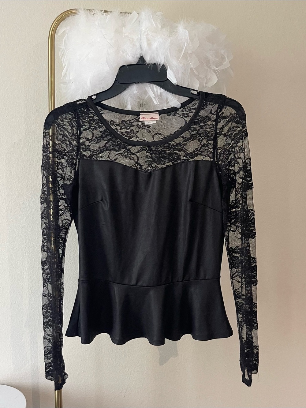 Black Lace long sleeves faux leather top